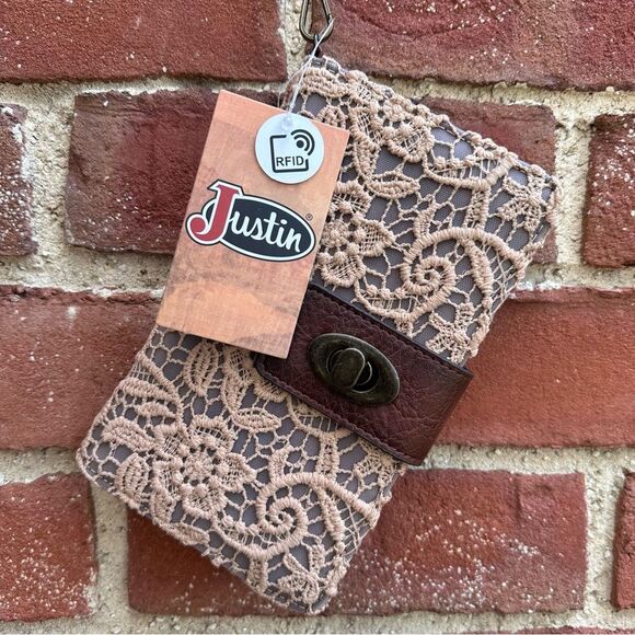 Justin Women's Floral Lace And Burnished Leather Wristlet Wallet Brown One Size - Picture 1 of 5